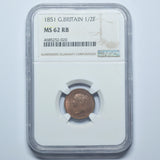 1851 Half Farthing (NGC MS 62 RB) - Victoria British Copper Coin - Superb