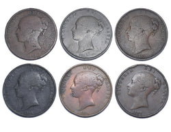1841 - 1857 Pennies Lot (6 Coins) - Victoria British Copper Coins -All Different