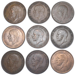 1927 - 1936 Pennies Lot (9 Coins) - George V British Bronze Coins