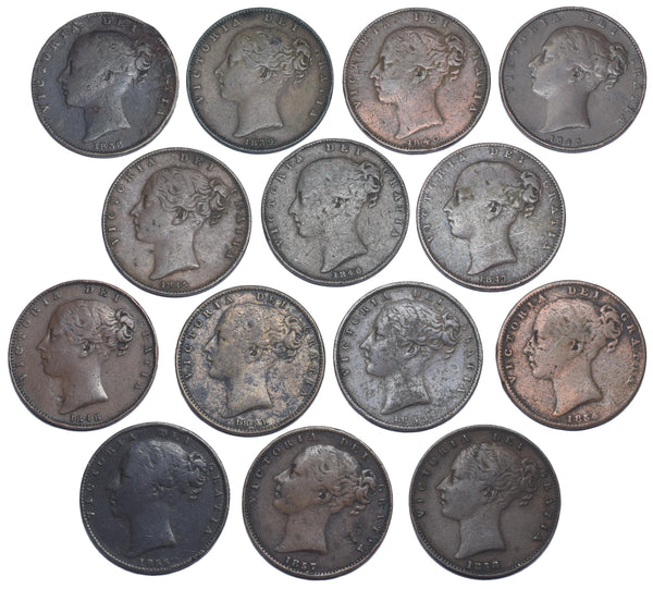 1838 - 1858 Farthings Lot (14 Coins) - Victoria British Copper Coins