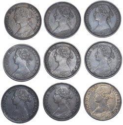 1860 - 1869 Better Grade Farthings Lot (9 Coins)- Victoria British Bronze Coins