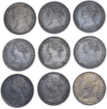 1860 - 1869 Better Grade Farthings Lot (9 Coins)- Victoria British Bronze Coins
