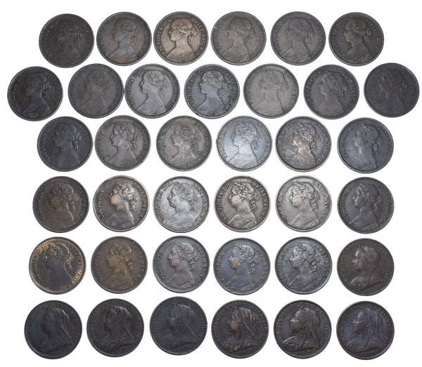 1860 - 1901 Farthings Lot (37 Coins) - Victoria British Bronze Coins