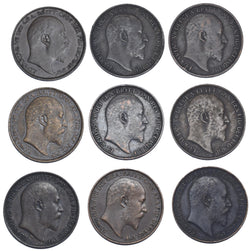 1902 - 1910 Better Grade Farthings Lot (9 Coins) - Edward VII British Bronze