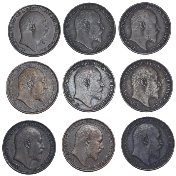 1902 - 1910 Better Grade Farthings Lot (9 Coins) - Edward VII British Bronze