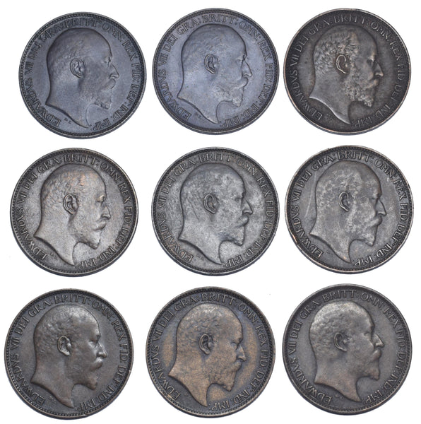 1902 - 1910 Better Grade Farthings Lot (9 Coins) - Edward VII British Bronze