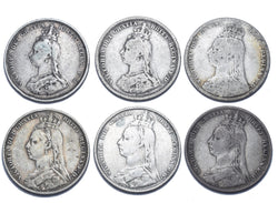 1887 - 1892 Shillings Lot (6 Coins) - Victoria British Silver Coins - Date Run
