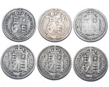 1887 - 1892 Shillings Lot (6 Coins) - Victoria British Silver Coins - Date Run