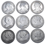 1893 - 1901 Shillings Lot (9 Coins) - Victoria British Silver Coins - Date Run