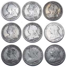 1893 - 1901 Shillings Lot (9 Coins) - Victoria British Silver Coins - Date Run