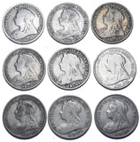 1893 - 1901 Shillings Lot (9 Coins) - Victoria British Silver Coins - Date Run