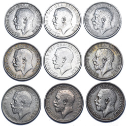 1911 - 1919 Shillings Lot (9 Coins) - George V British Silver Coins - Date Run
