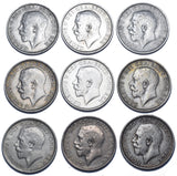 1911 - 1919 Shillings Lot (9 Coins) - George V British Silver Coins - Date Run