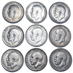 1911 - 1919 Shillings Lot (9 Coins) - George V British Silver Coins - Date Run