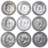 1911 - 1919 Shillings Lot (9 Coins) - George V British Silver Coins - Date Run