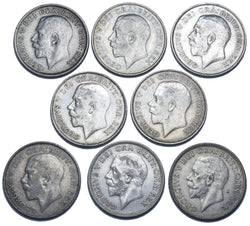 1920 - 1927 Better Grade British Silver Shillings Lot (8 Coins) - Date Run