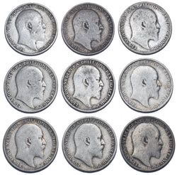 1902 - 1910 Sixpences Lot (9 Coins) - Edward VII British Silver Coins - Date Run