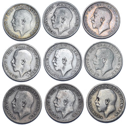 1911 - 1919 Sixpences Lot (9 Coins) - George V British Silver Coins - Date Run