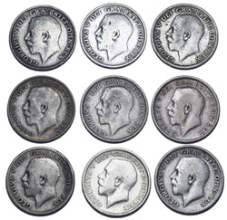 1911 - 1919 Sixpences Lot (9 Coins) - George V British Silver Coins - Date Run