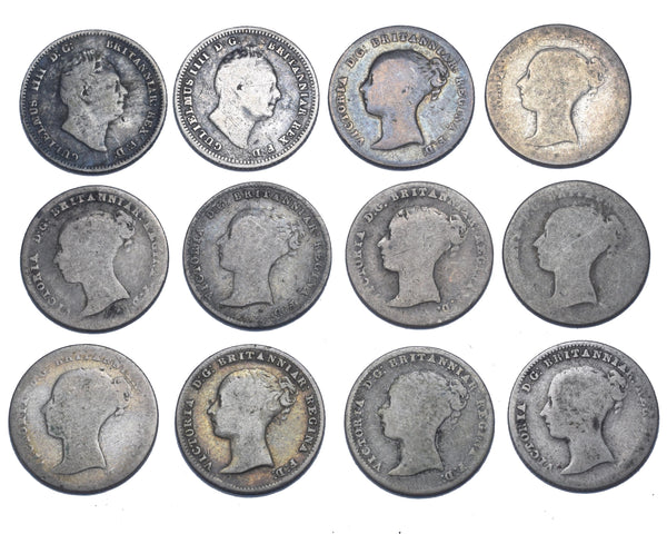 1836 - 1855 Groats Lot (12 Coins) - British Silver Coins - All Different