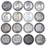 1887 - 1901 Threepences Lot (16 Coins) - Victoria British Silver Coins -Date Run