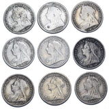 1893 - 1901 Threepences Lot (9 Coins) - Victoria British Silver Coins - Date Run