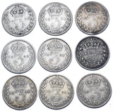 1893 - 1901 Threepences Lot (9 Coins) - Victoria British Silver Coins - Date Run