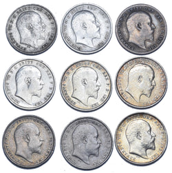 1902 - 1910 Threepences Lot (9 Coins) - Edward VII British Silver Coins Date Run