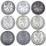 1902 - 1910 Threepences Lot (9 Coins) - Edward VII British Silver Coins Date Run