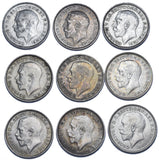 1911 - 1919 Better Grade British Silver Threepences Lot (9 Coins) - Date Run