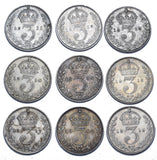 1911 - 1919 Better Grade British Silver Threepences Lot (9 Coins) - Date Run