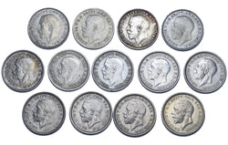 1920 - 1936 Better Grade British Silver Threepences Lot (13 Coins) -