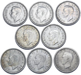 1937 - 1944 Threepences Lot (8 Coins) - George VI British Silver Coins -Date Run