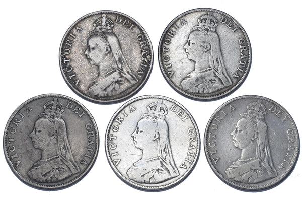 1887 - 1890 Double Florins Lot (5 Coins) - Victoria British Silver Coins