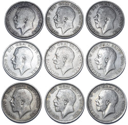 1911 - 1919 Halfcrowns Lot (9 Coins) - George V British Silver Coins - Date Run