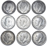 1911 - 1919 Halfcrowns Lot (9 Coins) - George V British Silver Coins - Date Run
