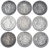 1911 - 1919 Halfcrowns Lot (9 Coins) - George V British Silver Coins - Date Run