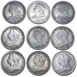 1893 - 1901 Florins Lot (9 Coins) - Victoria British Silver Coins - Date Run