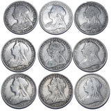 1893 - 1901 Florins Lot (9 Coins) - Victoria British Silver Coins - Date Run