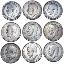 1911 - 1919 Florins Lot (9 Coins) - George V British Silver Coins - Date Run