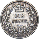 1871 Sixpence (Die no. 21) - Victoria British Silver Coin