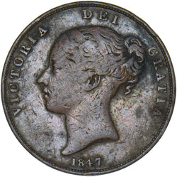 1847 Penny (Near Colon) - Victoria British Copper Coin