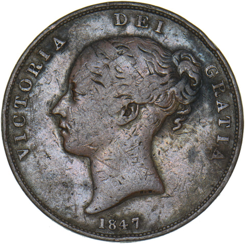 1847 Penny (Near Colon) - Victoria British Copper Coin