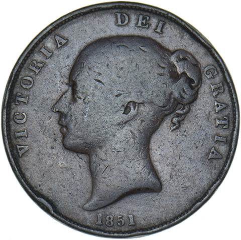 1851 Penny (Far Colon) - Victoria British Copper Coin