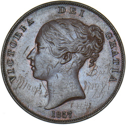 1857 Penny (Obv. Graffiti, 5 Over 5) - Victoria British Copper Coin