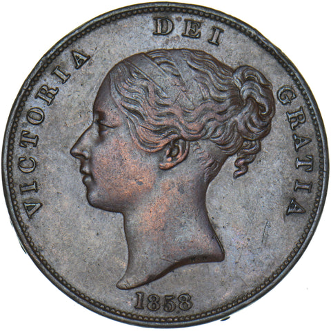 1858 Penny - Victoria British Copper Coin - Very Nice