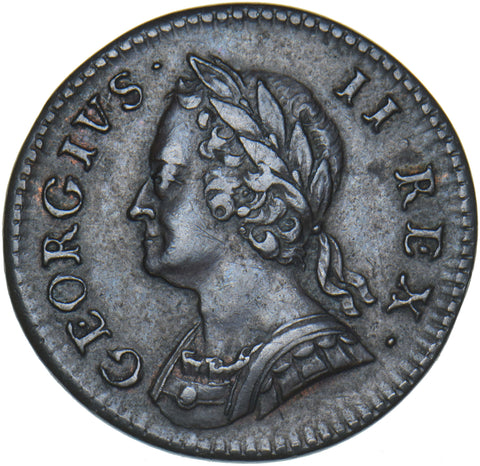 1754 Farthing - George II British Copper Coin - Very Nice
