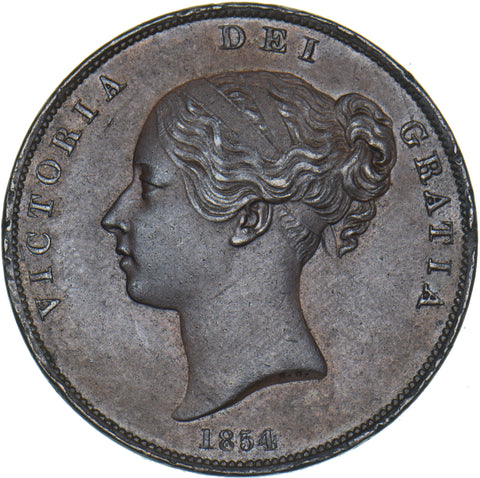 1854 Penny (OT) - Victoria British Copper Coin - Very Nice