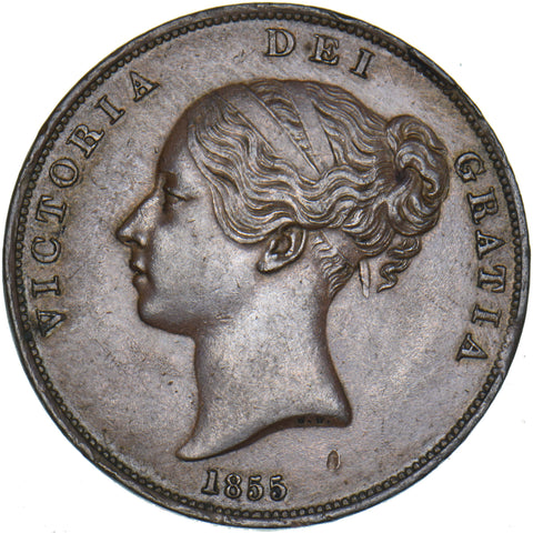 1855 Penny (OT) - Victoria British Copper Coin - Very Nice