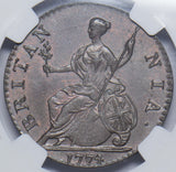 1774 Halfpenny (NGC MS 61 BN) - George III British Copper Coin - Superb